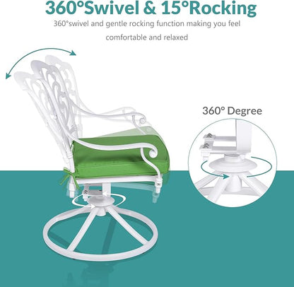 MEETWARM 9-Piece Outdoor Patio Dining Set, All-Weather Cast Aluminum Patio Conversation Set with 1 Oval Table, 2 Swivel Rocker Chairs, 6 Stationary, 8 Cushions, 2" Umbrella Hole, White