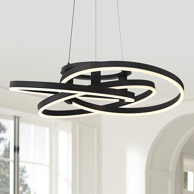 Possini Euro Design McKenna Sanded Black Pendant Lighting 26 1/2" Wide Modern Ribbon Rings Dimmable LED Fixture for Dining Room House Foyer Kitchen Island Entryway Bedroom Living High Ceilings