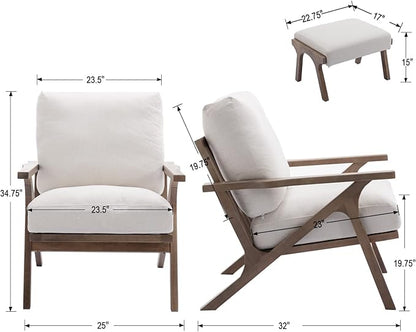 Wahson Mid Century Arm Chair and Ottoman Set, Upholstered Accent Armchair with Wood Frame and Linen Cushions, Leisure Slipper Chair for Living Room/Bedroom, Cream