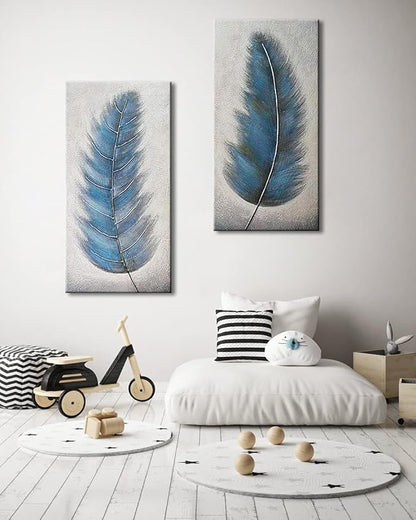 Wieco Art Blue Feathers Abstract Paintings Wall Art on Canvas Mordern Canvas Wall Art for Living Room Bedroom Wall Decor Contemporary Artwork for Home Decorations