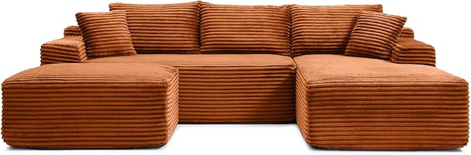 108" Cloud Sectional Couch,Modern Modular Sectional Sofa with Deep Seat,Corduroy Boneless Couches with L-Shape Chaise for Living Room,No Assembly Required (Orange, Right Facing Chaise + Ottoman)