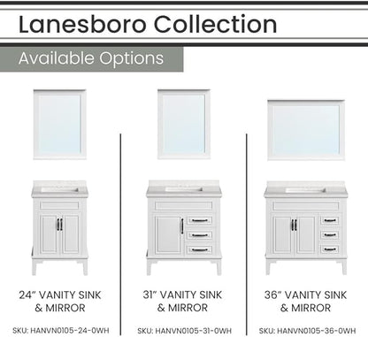 Hanover Lanesboro 24'' Vanity Cabinet with Sink Combo for Bathroom, Powder Room | Pre-Assembled Cabinet | 2 Doors | Accent Mirror | Artificial Stone Countertop, White Cabinet | HANVN0105-24-0WH
