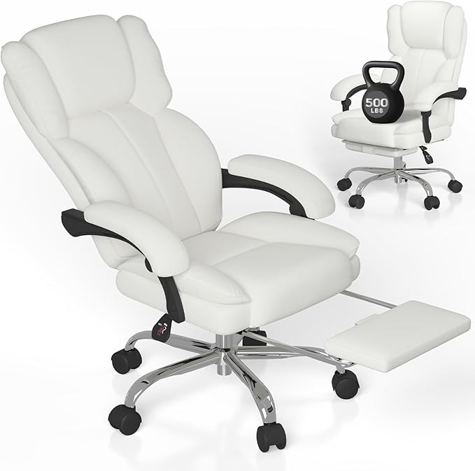Big and Tall Office Chair, Executive Home Office Desk Chair, Leather Computer Chair with Retractable Footrest, Adjustable Headrest and Reclining Height, Padded Arms, 360°Swivel Free, Wide Seat, White