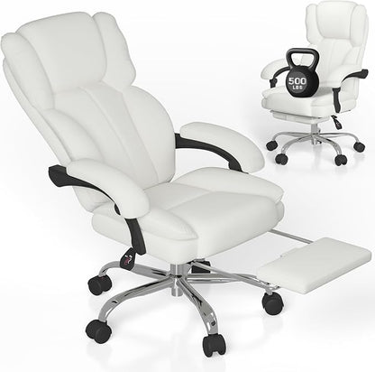 Big and Tall Office Chair, Executive Home Office Desk Chair, Leather Computer Chair with Retractable Footrest, Adjustable Headrest and Reclining Height, Padded Arms, 360°Swivel Free, Wide Seat, White