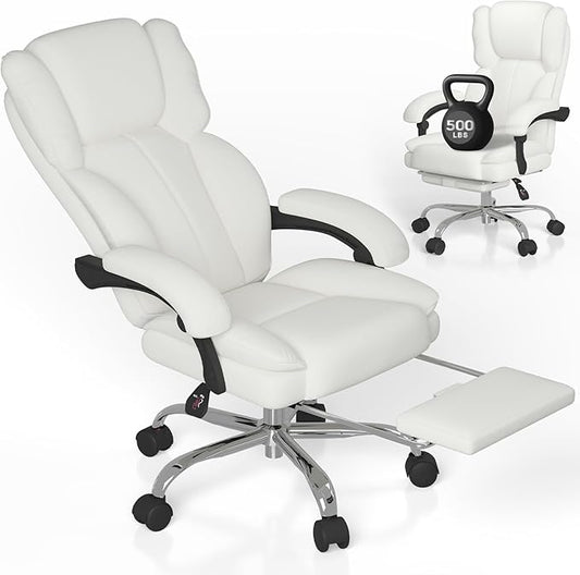 Big and Tall Office Chair, Executive Home Office Desk Chair, Leather Computer Chair with Retractable Footrest, Adjustable Headrest and Reclining Height, Padded Arms, 360°Swivel Free, Wide Seat, White