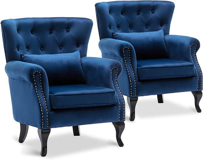 Accent Reading Arm Chairs Set of 2 for Living Room Bedroom, Midcentury Modern Comfy Corner Sofa Chair, Wingback Waiting Room Club Chair with Button Tufted Back &Lumbar Pillow, Velvet Blue