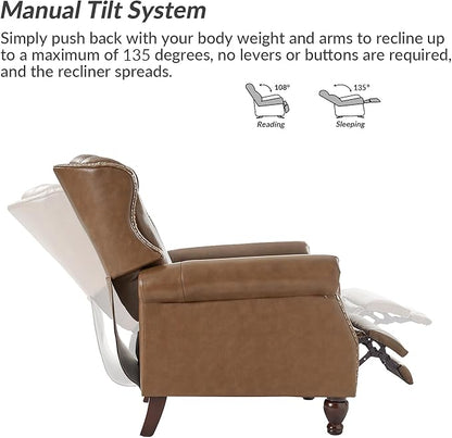 HULALA HOME Genuine Leather Manual Recliner Chair, Adjustable Tufted Push Back Reclining Sofa Armchair with Rivet Decoration & Solid Wood Legs, Modern Living Room Home Theater Seating, Camel