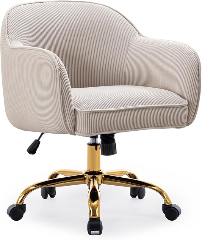 Home Office Desk Chair with Arms Gold Wheels Modern Velvet Upholstered Rolling Computer Chair Mid-Back Ergonomic Adjustable Swivel Vanity Chair for Bedroom Study Office, Beige,Corduroy