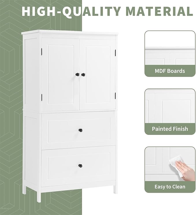 Polibi 43.3" H Storage Cabinet with 2 Doors, 2 Drawers, Adjustable Shelf, Wooden Linen Cabinet for Bathroom, Office, Kitchen, White
