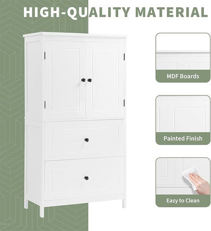 Polibi 43.3" H Storage Cabinet with 2 Doors, 2 Drawers, Adjustable Shelf, Wooden Linen Cabinet for Bathroom, Office, Kitchen, White