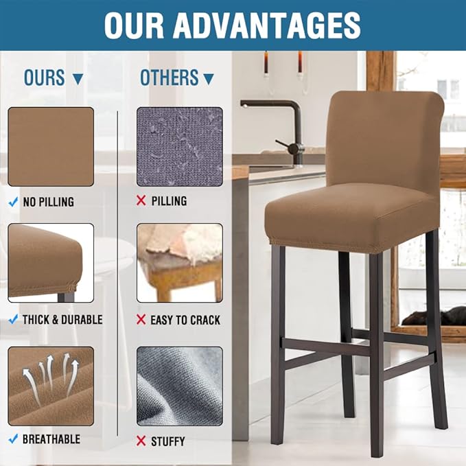 H.VERSAILTEX 100% Waterproof Bar Stool Cover Stretch Counter Stool Pub Chair Slipcover for Dining Room Removable Soft Thick Solid Fleece Fabric Bar Stool Slipcovers Set of 4, Sand