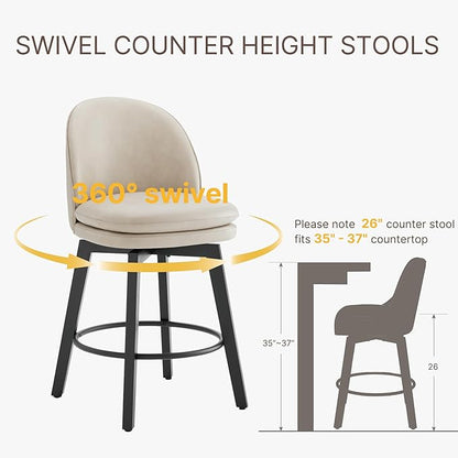 Counter Height Barstools 26 inch Upholstered Swivel Bar Stools with Back and Wood Legs for Kitchen Island,Set of 1,Beige PU Leather-Armless