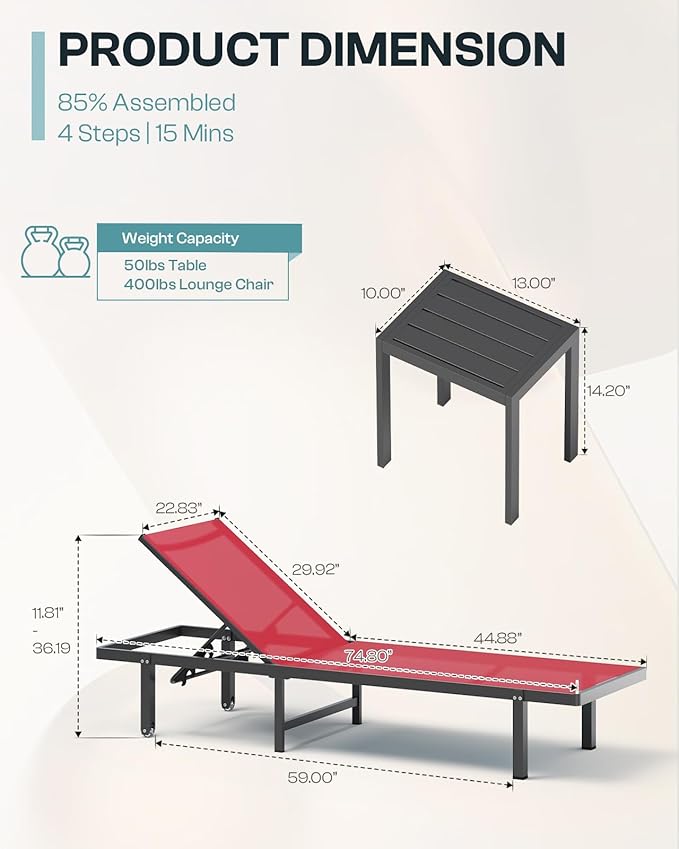 Pool Lounge Chairs, Chaise Lounge Outdoor with Wheels and 5-Position Recliner -Easy to Move- Aluminum Patio Lounge Chair for Poolside, Deck (Red)