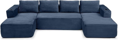 132 Inch Modular Sectional Sleeper Sofa, Boneless Cloud Couch for Living Room, U Shaped 5 Seat Sofa with 2 Cup Holders, Free Combination, No Assembly Required (Blue)