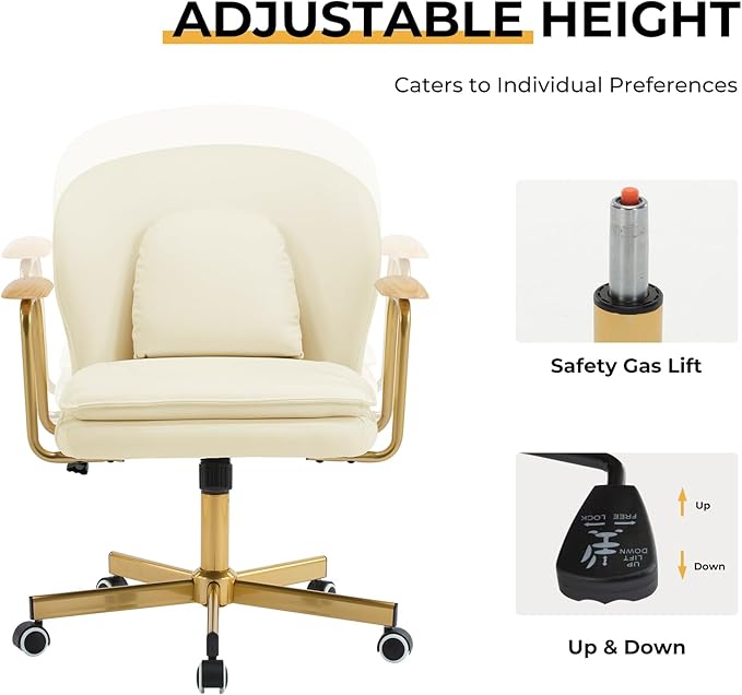 Furniliving Leather Home Office Desk Chairs，Comfy Office Chair, Adjustable Swivel Computer Chair with Golden Legs and Wooden Padded Armrest, Modern Upholstered Task Chair with Wheels,Beige
