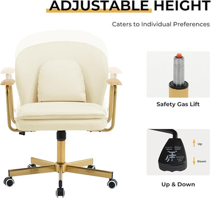 Furniliving Leather Home Office Desk Chairs，Comfy Office Chair, Adjustable Swivel Computer Chair with Golden Legs and Wooden Padded Armrest, Modern Upholstered Task Chair with Wheels,Beige
