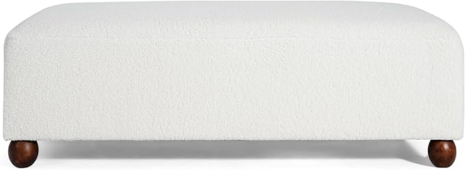 Christopher Knight Home Rika 48" Comfy Boucle Upholstered Bedroom Bench, Ottoman Bench with Rounded Wooden Legs, Spacious Seating, Long Footstool for Living Room, Entryway Bench, White + Walnut