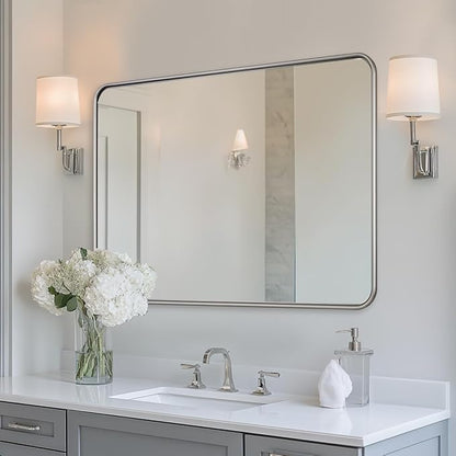 ANDY STAR Wall Mirror for Bathroom, 30x40 Inch Brushed Nickel Rectangle Bathroom Mirror for Over Sink, Modern Silver Rounded Rectangular Mirror for Vanity with Non-Rusting Tube Metal Frame