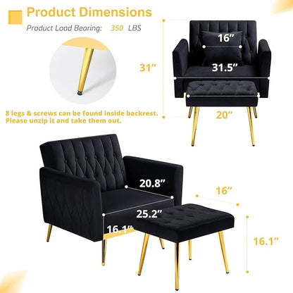 Velvet Accent Chair with Adjustable Armrests and Backrest, Button Tufted Lounge Chair, Single Recliner Armchair with Ottoman and Pillow for Living Room, Bedroom, Black