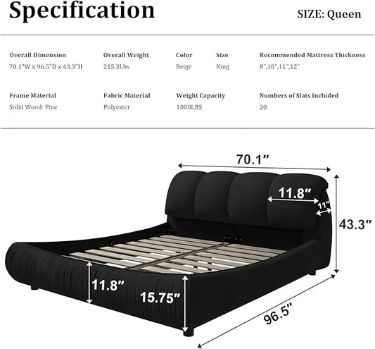 Queen Size Upholstered Platform Bed with Oversized Padded Backrest and Solid Wood Frame for Bedroom, Apartment Room, Black