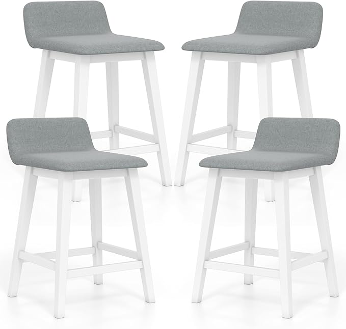 COSTWAY Wooden Counter Stools Set of 4, 24-inch Height Upholstered Padded Seat, Low Backrest, Footrest, Rubber Wood Legs, Armless Barstools for Kitchen Island, Dining Room, White+Gray