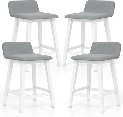 COSTWAY Wooden Counter Stools Set of 4, 24-inch Height Upholstered Padded Seat, Low Backrest, Footrest, Rubber Wood Legs, Armless Barstools for Kitchen Island, Dining Room, White+Gray