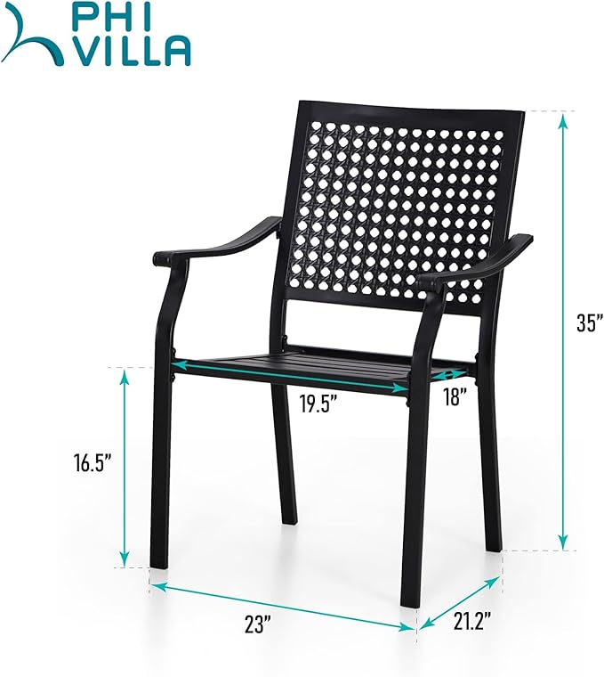 PHI VILLA Outdoor Metal Dining Chairs Set of 2, Black Wrought Iron Stackable Chairs with Cushions, Heavy-Duty Seating Furniture for Patio, Deck, Yard, Porch