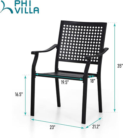 PHI VILLA Outdoor Metal Dining Chairs Set of 2, Black Wrought Iron Stackable Chairs with Cushions, Heavy-Duty Seating Furniture for Patio, Deck, Yard, Porch