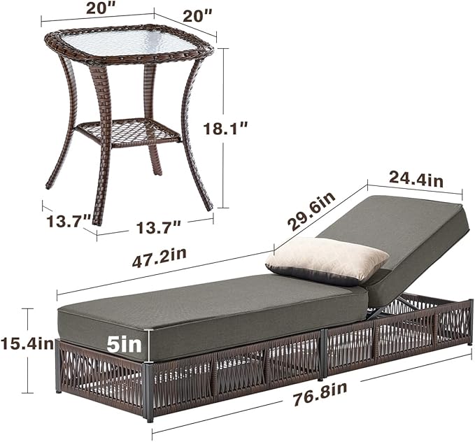 Luxury 2PCS Outdoor Chaise Lounge and Side Table Set with 5 Inch Thick Cushions - High Back Brown Wicker Patio Recliners Chairs Lounger for Poolside Pool Porch Garden Sunbathing - Grey