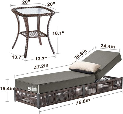 Luxury 2PCS Outdoor Chaise Lounge and Side Table Set with 5 Inch Thick Cushions - High Back Brown Wicker Patio Recliners Chairs Lounger for Poolside Pool Porch Garden Sunbathing - Grey