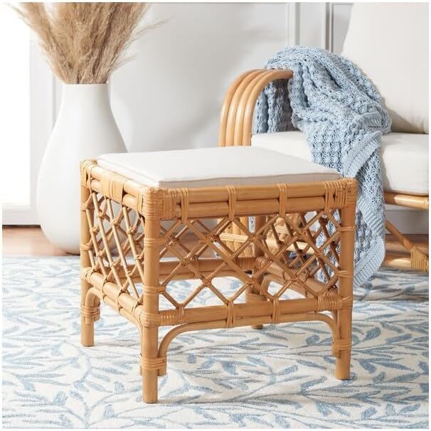 SAFAVIEH Home Collection Larroux Honey/White Rattan Solid Wood Ottoman with Cushion (Fully Assembled)