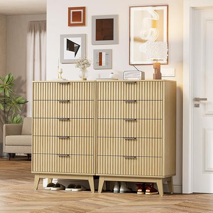 Modern Fluted 5 Drawer Tall Dresser, 48" H, Natural Oak, Curved Profile Design, Mid Century Wood Chest of Drawers for Bedroom, Living Room, Hallway