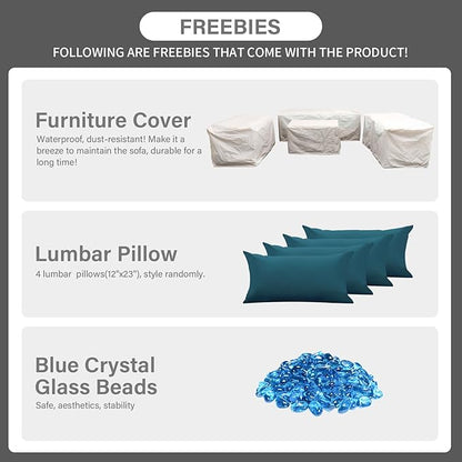 Rattaner Patio Furniture Set with 45In Fire Pit 5 Pieces Outdoor Furniture Sets Patio Couch Outdoor Chairs 60000 BTU Steel Propane Fire Pit Table No-Slip Cushions and Waterproof Covers, Peacock Blue