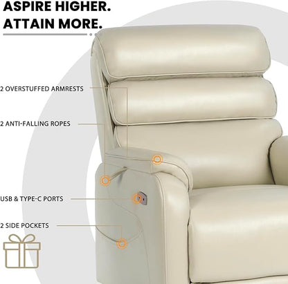 EONIX Wide Lay Flat Power Lift Recliner Chair for Elderly, 400lbs Heavy Duty Lift Chairs with Heat and Massage Charging Ports, Oversized Dual Motor Power Recliner for Adults, LRY004063, Cream White