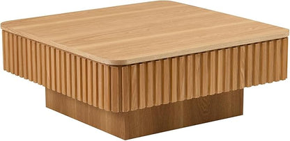Square Lift-top Coffee Table for Living Room, Fluted Coffee Tables with Hidden Storage, Solid Wood Veneered Modern Tea Center Table for Small Space Apartment (Natural-35.43''D×14.57''H)