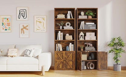 MXV 6-Tier Bookshelf and Bookcase Set of 2, Wooden Bookshelves with Cabinet Doors, Floor Bookshelves and Office Storage Cabinets for Home Office, Living Room (Brown 2 Pack, 6-Tier)