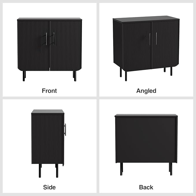 Set of 2 Fluted Black Storage Cabinets, Modern 2-Door Sideboard Buffet Cabinet with Adjustable Shelves and Metal Legs, Accent Cabinet for Kitchen, Living Room, Entryway (Black)