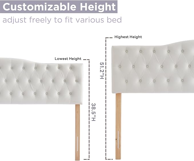 Upholstered Queen Headboard, Button Diamond Tufted Headboard with Adjustable Height and Solid Wood Leg, Velvet Padded Headboards for Queen Size Bed, Modern Head Board, White
