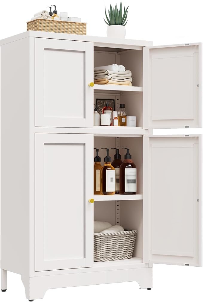 Bathroom Floor Storage Cabinet,Metal Accent Sideboard with 4 Doors and 2 Adjustable Shelves, Freestanding Bathroom Cabinets White Storage Organizer for Kitchen Pantry,Living Room,Hallway