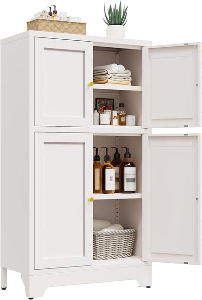 Bathroom Floor Storage Cabinet,Metal Accent Sideboard with 4 Doors and 2 Adjustable Shelves, Freestanding Bathroom Cabinets White Storage Organizer for Kitchen Pantry,Living Room,Hallway