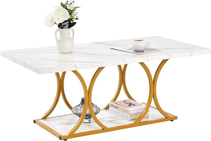 VEVOR Coffee Table, Modern Faux Marble Coffee Table, Large 2-Tier Rectangle Center Desk with Geometric Legs, Minimalist Sturdy Metal Frame Accent End Desk for Living Room, Office, Easy Assembly, White