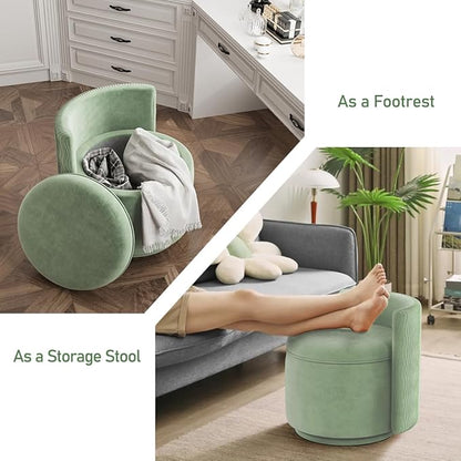 360° Swivel Accent Chair with Storage, Vanity Stool with Back, Velvet Storage Ottoman, Upholstered Round Barrel Vanity Chair for Living Room, Makeup Room, Bedroom (Green)