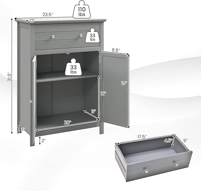COSTWAY Bathroom Floor Cabinet, Wooden Side Storage Organizer w/Larger Drawer, Adjustable Shelf & 2-Door Cupboard, Freestanding Storage Cabinet for Living Room, Kitchen, Entryway (Grey)