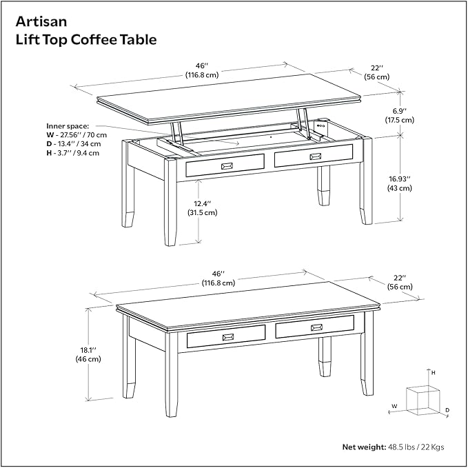 SIMPLIHOME Artisan Coffee Lift Top Table - 46 inch Wide Solid Wood Contemporary Cocktail Table in Russet Brown, Living Room with Hidden Storage Compartment, Open Shelf, and Square Knobs