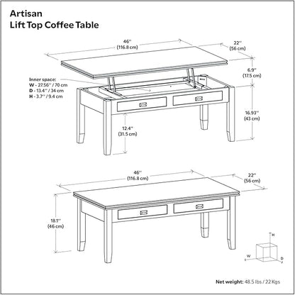 SIMPLIHOME Artisan Coffee Lift Top Table - 46 inch Wide Solid Wood Contemporary Cocktail Table in Russet Brown, Living Room with Hidden Storage Compartment, Open Shelf, and Square Knobs
