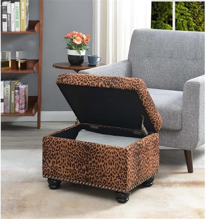 Convenience Concepts Designs4Comfort 5th Avenue Upholstered Storage Ottoman 24" - Contemporary Foot Stool and Seat with Hinged Lid for Living Room, Dining Room, Office, Forest Leopard Print Fabric