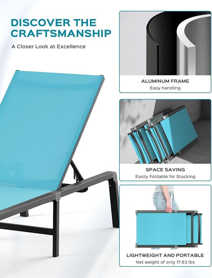 Aluminum Chaise Lounge Ourdoor - Foldable & Assemble Free Outdoor Lounge Chair with 5 Adjustable Backrest, Patio Lounge Chair for Outside Poolside Beach Pool, Lake Blue