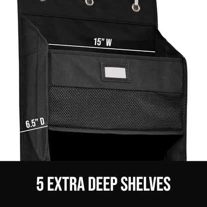 GORILLA GRIP Over The Door Organizer Storage, 5 Deep Hanging Shelves, Holds 50lbs, Closet Organizers Shelf for Bedroom, Bathroom, Nursery, Dorm Essentials, 3 Metal Hooks, 58x15 Inches, Black