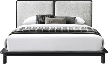 Nord Queen Size Wood Platform Bed | Box Spring Not Required | Black Frame and Cream Beige Boucle