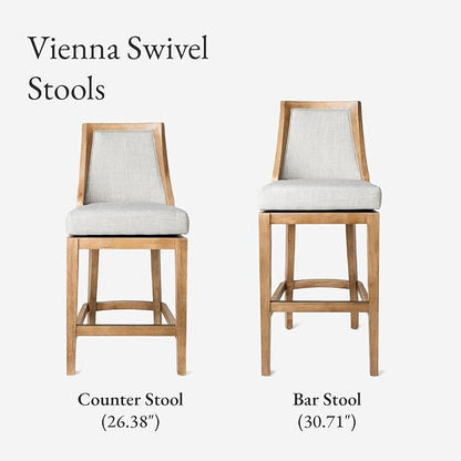 Maven Lane Vienna Counter Stools 26 Inches – Set of 3 – Swivel Stools with Footrests – Brown Solid Wood and Natural Fabric Upholstery – Ideal for Kitchen Islands and Counters